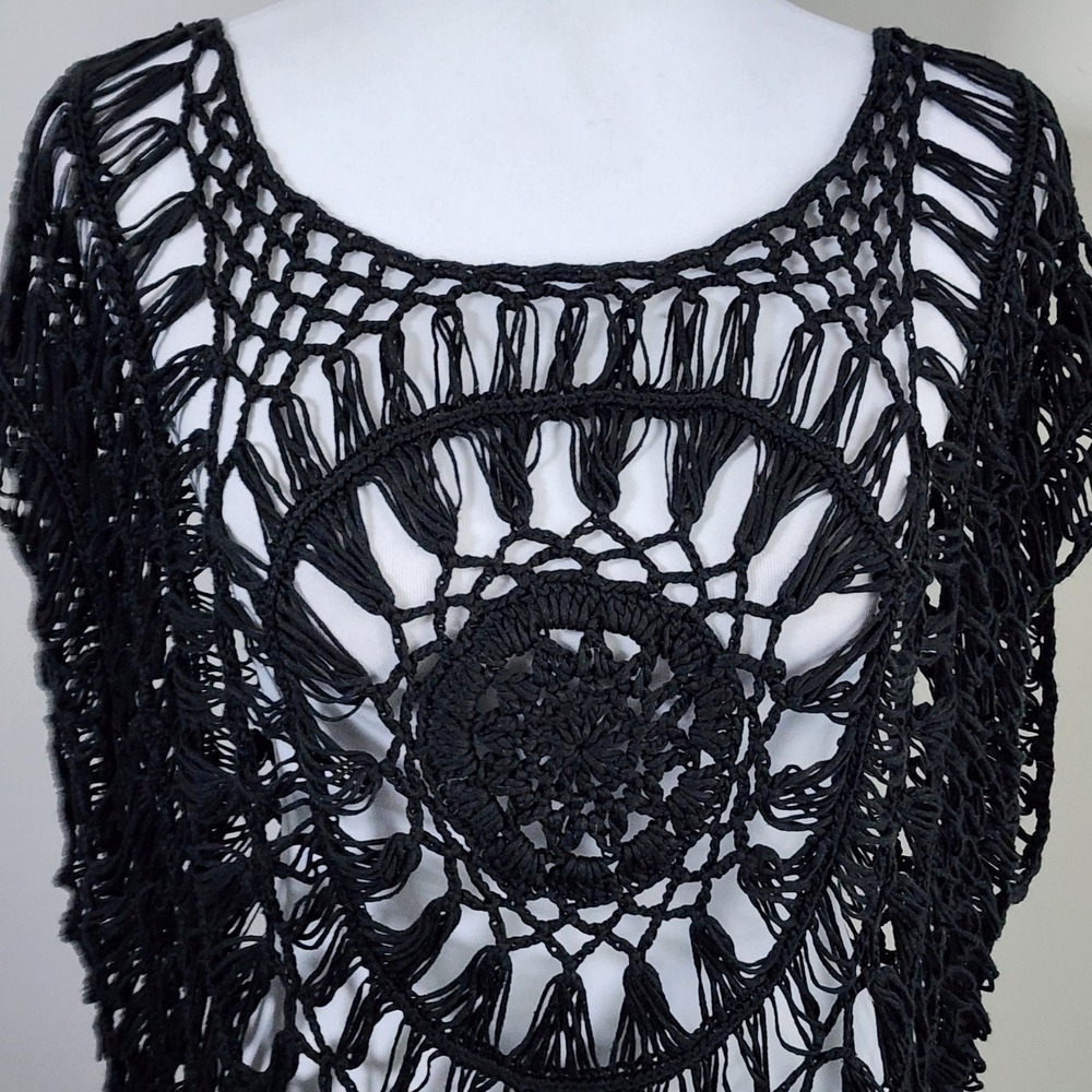 Crochet Fringe Poncho Top 1X 2X Black Open Knit Witchy Festival Whimsigoth Goth - Picture 2 of 12